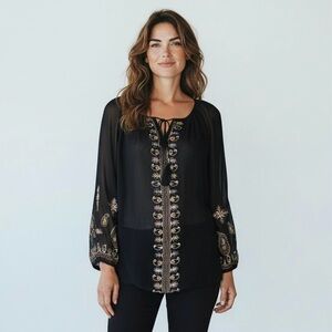 Christina Sheer Embroidered Ties in Front Long Sleeve Black Tunic